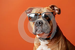 Pit Bull Terrier dog with sunglasses on orange studio background