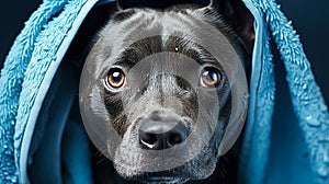 A pit bull, wrapped snugly in a towel after a bath