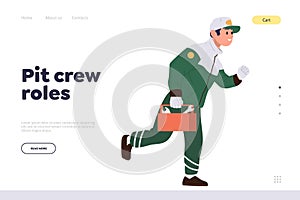 Pit crew roles landing page template with maintenance technician with repair tools running