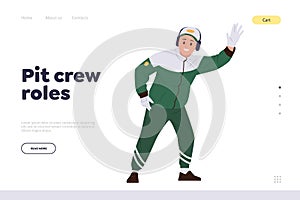 Pit crew roles landing page template with maintenance technician worker waving hand stopping bolide