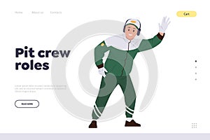 Pit crew roles landing page template with maintenance technician worker waving hand stopping bolide photo