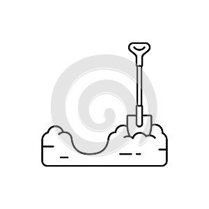 Pit dug in ground with shovel. Soil preparation for planting. Line art icon of piece of land with trench. Black illustration of