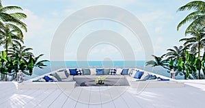 Pit of large seat set in the swimming pool with sea view 3d render