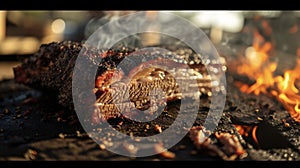 The pit master carefully tends to a slab of brisket expertly smoking it for hours until it reaches meltinyourmouth