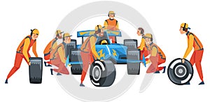 Pit Stop Crew Members in Uniform Changing Tire Wheels, Professional Mechanics and Racers Cartoon Characters Vector