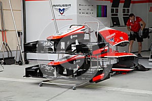 Pit stop garage of Marussia Cosworth team