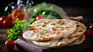 Pita bread, a round, pocket-like flatbread, tan and slightly puffed. Its surface is lightly speckled