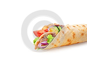 pita bread with vegetables and chicken on a white background