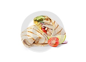 pita bread with vegetables and chicken on a white background