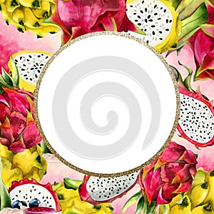 Pitaya square and round frame with pink yellow dragon fruits watercolor template botanical tropical illustration