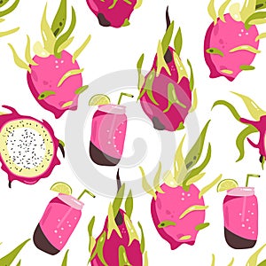 Pitayas hand drawn seamless pattern.Tropical exotic dragon fruit. A source of linoleic acid.Summer Fresh smoothie cocktail.