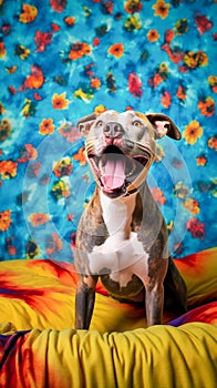 Pitbull dog smiling joyously while perched atop a plush sofa, giving a cheerful and inviting vibe