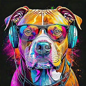 Pitbull dog wears glasses and headphones on his head, generative ai