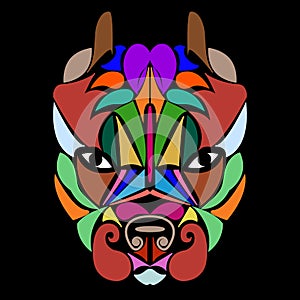 Pitbull. Patterned colored head dog. African, Indian, totem, tattoo. For design of a T-shirt, a bag, a poster, clothes and a logo.