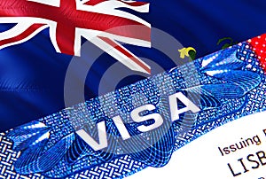 Pitcairn Islands Visa in passport. USA immigration Visa for Pitcairn Islands citizens focusing on word VISA. Travel Pitcairn