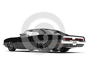 Pitch black American vintage muscle car - rear side view