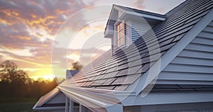 A Pitched Roof with White Gutter Guards and Grey Vinyl Siding Frames a Luxury Home Against the Sunset Sky