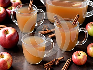 A Pitcher Of Apple Cid With Cinnamon Sticks And Apples. Generative AI