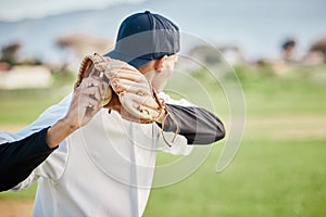 Pitcher, back view or sports man in baseball stadium in a game on training field outdoors. Fitness, young softball