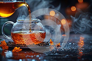 a pitcher of black tea being poured onto a table, in the style of rustic texture, light orange and black, youthful