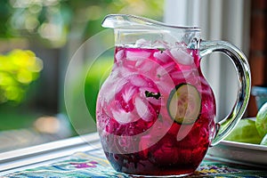 A pitcher filled with aguas frescas next to a plate of fresh fruit on a table, A pitcher of refreshing aguas frescas in flavors photo