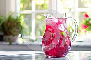 A pitcher filled with colorful aguas frescas sits on a table, ready to quench thirst, A pitcher of refreshing aguas frescas in photo