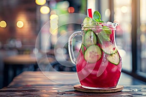 A pitcher filled with a refreshing drink made from watermelon and cucumber, A pitcher of refreshing aguas frescas in flavors like photo