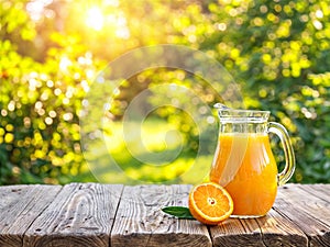 A pitcher of freshly squeezed orange juice and half an orange are placed on a wooden table. photo