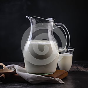 A pitcher and glass with milk. Jug of milk on the wooden plate. Black backdrop. Generative AI