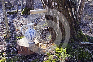 Pitcher jug and birch tree with spigot and sap drops