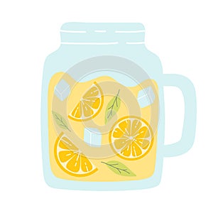 Pitcher with lemonade. Cool lemonade with pieces of lemon, mint and ice