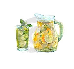 Pitcher of lemonade. Glass with a drink