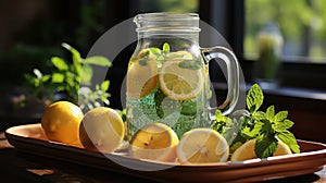 A pitcher of lemonade with lemons and mint close-up. Generative AI.