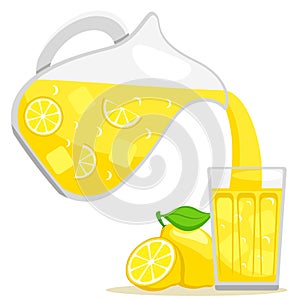 Pitcher lemonade is pouring into a glass, lemon slices, ice