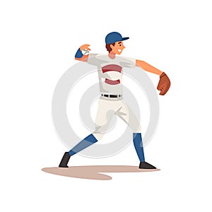 Pitcher Throwing Ball, Baseball Player Character in Uniform Vector Illustration