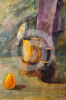 Pitchers, pear and a bunch of fish painted with a brush