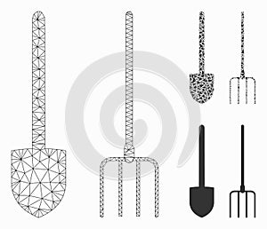 Pitchfork and Shovel Tools Vector Mesh 2D Model and Triangle Mosaic Icon