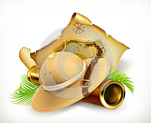 Pith helmet. Treasure map. Adventure vector icon