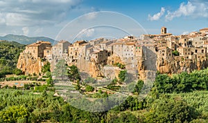 Panoramic sight of Pitigliano in a sunny summer afternoon. Province of Grosseto, Tuscany, Italy.
