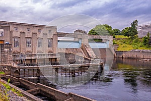 Pitlochry Dam, hydro electric power station and salmon ladder at twilight