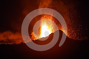 The Piton de la Fournaise volcano during an eruption in Reunion Island