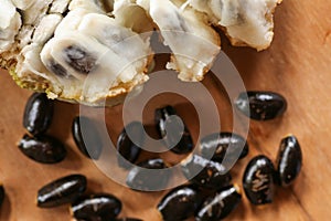 Pits of Sugar Annona squamosa. Apple, Sweetsop, Custard Apple seeds on wooden table photo