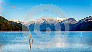 Pitt Lake with the Snow Capped Peaks of the Golden Ears, Tingle Peak and other Mountain Peaks of the surrounding Coast Mountains