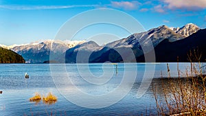 Pitt Lake with the Snow Capped Peaks of the Golden Ears, Tingle Peak and other Mountain Peaks of the surrounding Coast Mountains