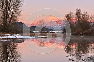 Pitt River and Golden Ears Mountain at sunset photo