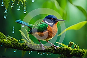 Pitta Bird Perched on a Damp Rainforest Branch, Feathers Gleaming with Droplets of Water - Wildlife Photography