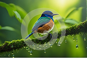 Pitta Bird Perched on a Damp Rainforest Branch, Feathers Gleaming with Droplets of Water - Wildlife Photography