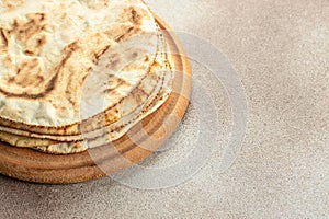 Pitta flat breads. Food recipe background. Close up