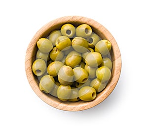 Pitted green olives in bowl
