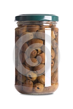 Pitted Leccino black olives, preserved in olive oil, preserved in a glass jar